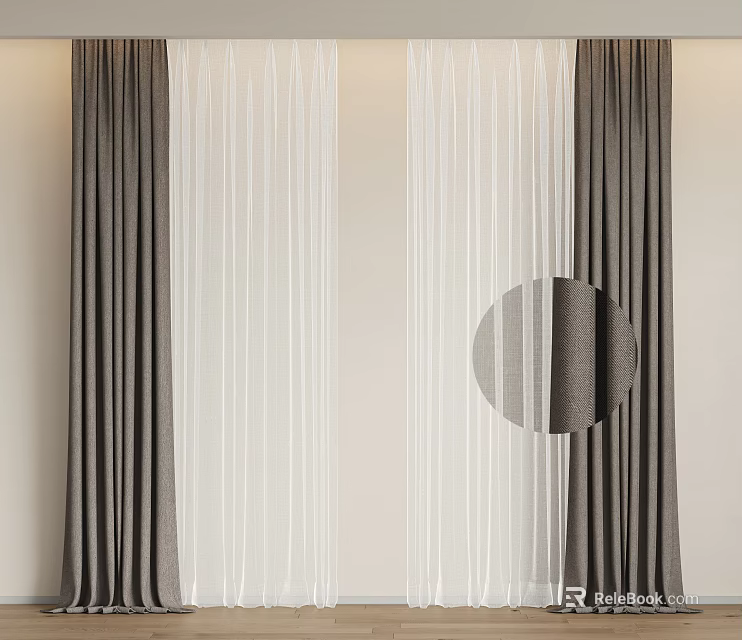 Dark Curtains With White Sheer Layers In Double Layer Minimalist Interior Design 3d model