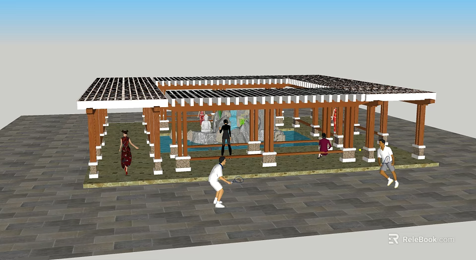 Outdoor Wooden Pergola With Lattice Roof And Stone Pavement For People Activities 3d model 
