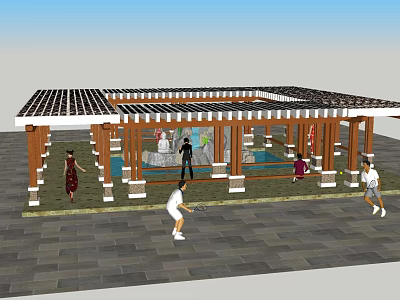 Outdoor Wooden Pergola With Lattice Roof And Stone Pavement For People Activities 3d model