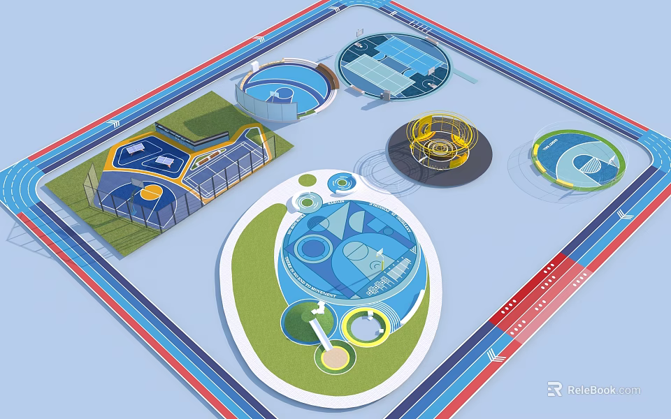 Basketball Court Layout Design With Circular Zones Green Lawn And Blue Playing Areas 3d model 