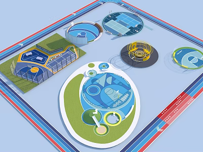 Basketball Court Layout Design With Circular Zones Green Lawn And Blue Playing Areas 3d model