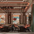 Traditional Chinese Restaurant Interior With Classic Mural Red Lanterns And Dining Table Chairs