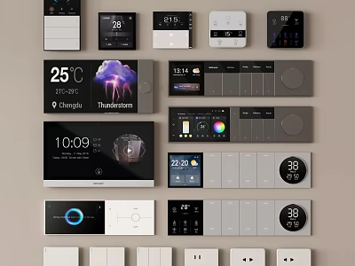 Smart Switch Panels With Display Screens Showing Temperature Time Weather In Modern Gray White Designs 3d model