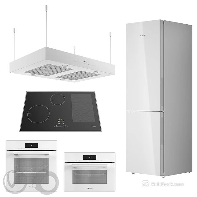Modern Stainless Steel Kitchen Appliances With Range Hood Induction Cooktop Ovens And Refrigerator 3d model 