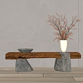 Quiet Old Wood Bench Stone Bench Vase Ornaments 3d model