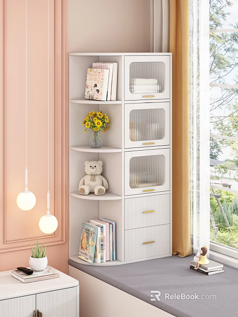 White Shelf Cabinet With Glass Doors Drawers Yellow Flowers Teddy Bear Books And Pink Wall 3d model 