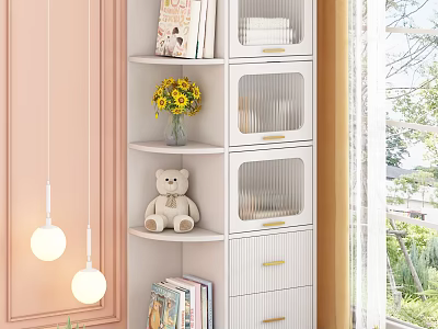 White Shelf Cabinet With Glass Doors Drawers Yellow Flowers Teddy Bear Books And Pink Wall 3d model
