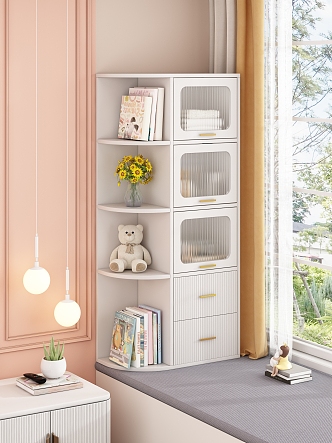 Bay Window Storage Cabinet Storage Cabinet Bookshelf Windowsill Corner Cabinet Sunscreen Sundries Cabinet Balcony Bookcase Bedroom Storage Cabinet Book and Photo Bag Ornaments Bear Flower 3d model