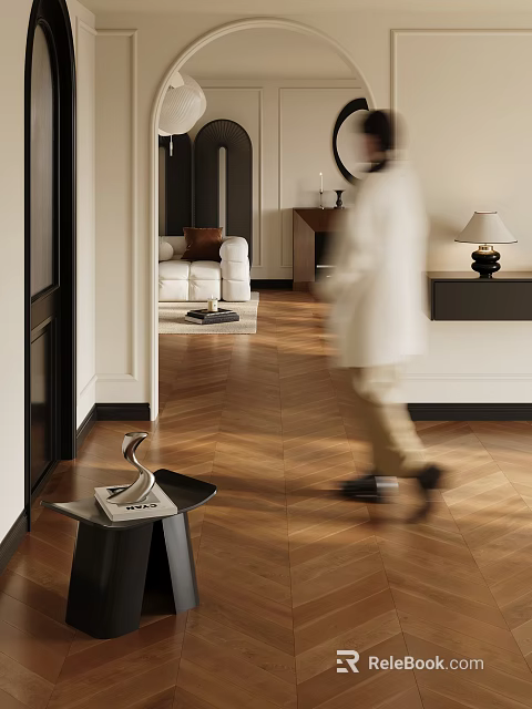 Stylish Foyer Hallway With Herringbone Wood Flooring Side Table Decorative Sculpture And Table Lamp 3d model 