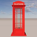 Red Telephone Booth Structure With Glass Windows And Telephone Sign