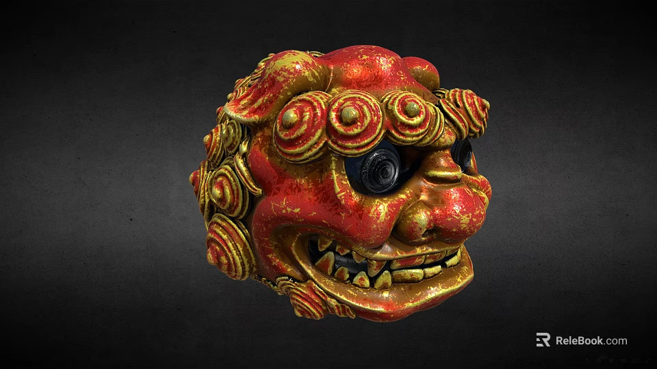 Traditional Red And Gold Lion Head Sculpture With Curled Patterns And Black Eyes 3d model 