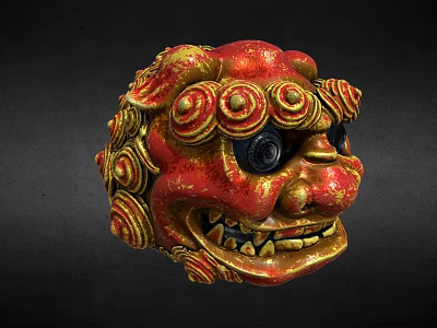 Traditional Red And Gold Lion Head Sculpture With Curled Patterns And Black Eyes 3d model