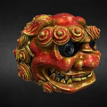 Traditional Red And Gold Lion Head Sculpture With Curled Patterns And Black Eyes