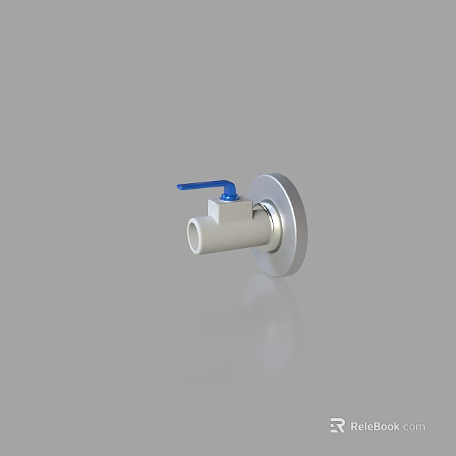 Stainless Steel Pipe Valve With Blue Handle And Wall Mounted Base 3d model 