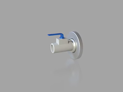 Stainless Steel Pipe Valve With Blue Handle And Wall Mounted Base 3d model