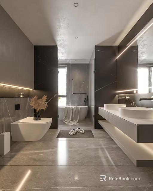 Elegant Modern Bathroom Interior With Dark Grey Marble Walls Double Vanity And LED Lighting 3d model 