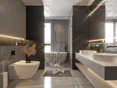 Elegant Modern Bathroom Interior With Dark Grey Marble Walls Double Vanity And LED Lighting 3d model