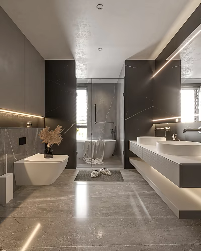 Elegant Modern Bathroom Interior With Dark Grey Marble Walls Double Vanity And LED Lighting 3d model