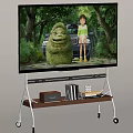 TV Displaying Animated Scene With Green Character And Girl On Rolling Stand With Storage