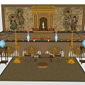 Ancient Architectural Shrine Interior Featuring Wooden Carvings Buddha Statue Altar Table And Traditional Carpet