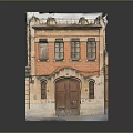 Vintage Red Brick Building With Ornate Facade Wooden Door And Classic Windows