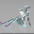 Anime Creature Character With White Hair Turquoise Outfit Striped Socks And Pink Sneakers Sitting Pose