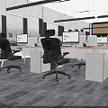 Modern Office Interior With Ergonomic Chairs Workstations Computer Monitors And Large Windows