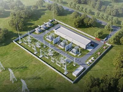 Industrial Factory Building Surrounded By Electrical Equipment Power Transmission Towers Green Grassland And Trees 3d model