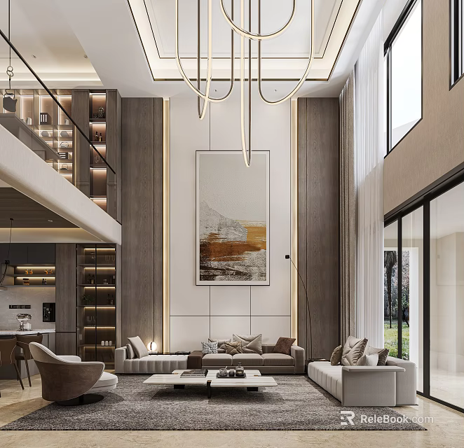 Modern Duplex Living Room Interior Design With High Ceiling Large Painting Sofa And Floor Windows 3d model 