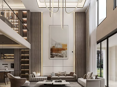 Modern Duplex Living Room Interior Design With High Ceiling Large Painting Sofa And Floor Windows 3d model