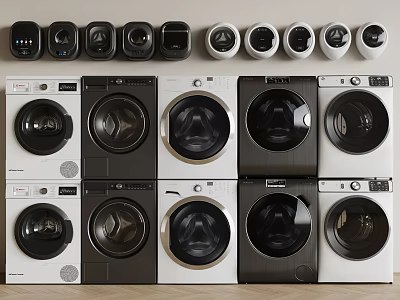 Diverse Modern Front Load Washing Machines in Black and White Color Options 3d model
