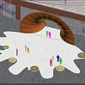 Orange Arched Entrance Gate With People Circular Seats And White Splash Ground