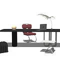 Modern Black Desk Workspace With White Round Lamp Laptop Green Plant And Red Chair