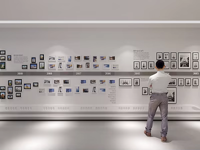 Exhibition Hall Culture Wall With Neatly Arranged Historical Photos And Man Viewing 3d model