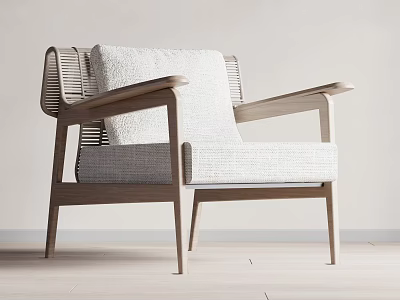 Modern Accent Chair With Wooden Frame Woven Backrest And Light Fabric Seat Cushion 3d model
