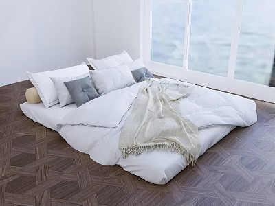 Double Floor Bed With White Comforter Pillows Beige Throw And Geometric Floor 3d model