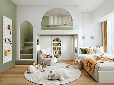 Modern Kids Room Interior With Arched Design Bunk Bed Staircase Bookshelf And Toys 3d model