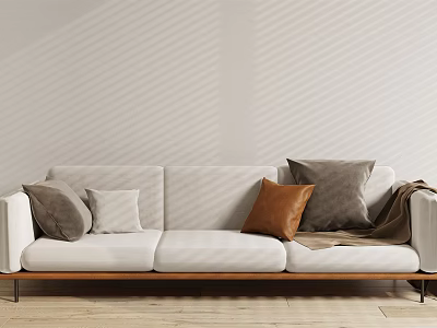 Three Seater Sofa With Gray White Brown Pillows And Blanket On Wooden Floor 3d model