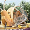 Snail Shaped Children's Playground With Climbing Net Slide Wooden Seats And Green Plants