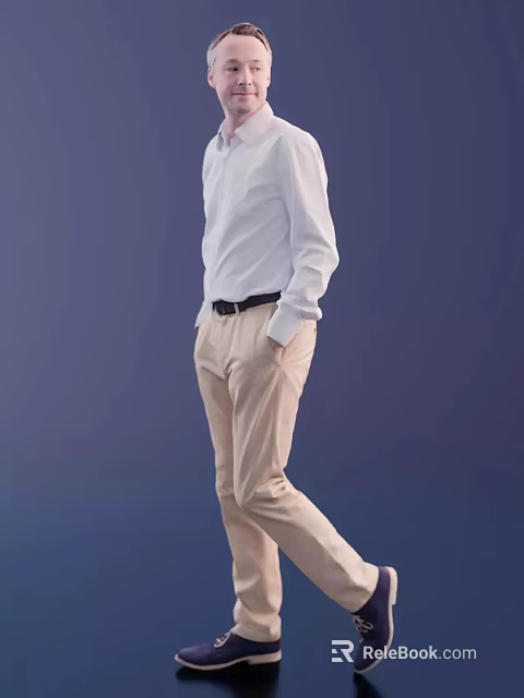 Man in White Shirt Beige Pants Standing Sideways with Hands in Pockets on Blue Background 3d model 