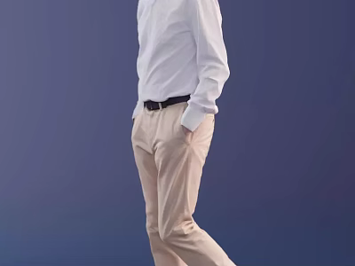 Man in White Shirt Beige Pants Standing Sideways with Hands in Pockets on Blue Background 3d model