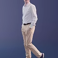 Man in White Shirt Beige Pants Standing Sideways with Hands in Pockets on Blue Background