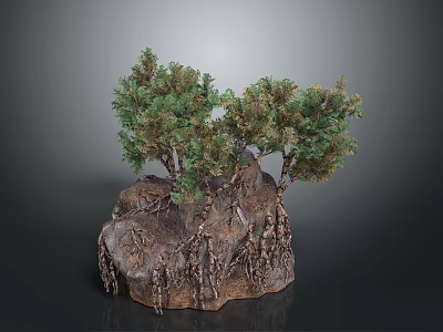 Decorative Rock Garden Model With Green Trees And Exposed Roots 3d model