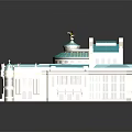 Cartoon Style Classical Building With Blue Roof Golden Dome And White Facade