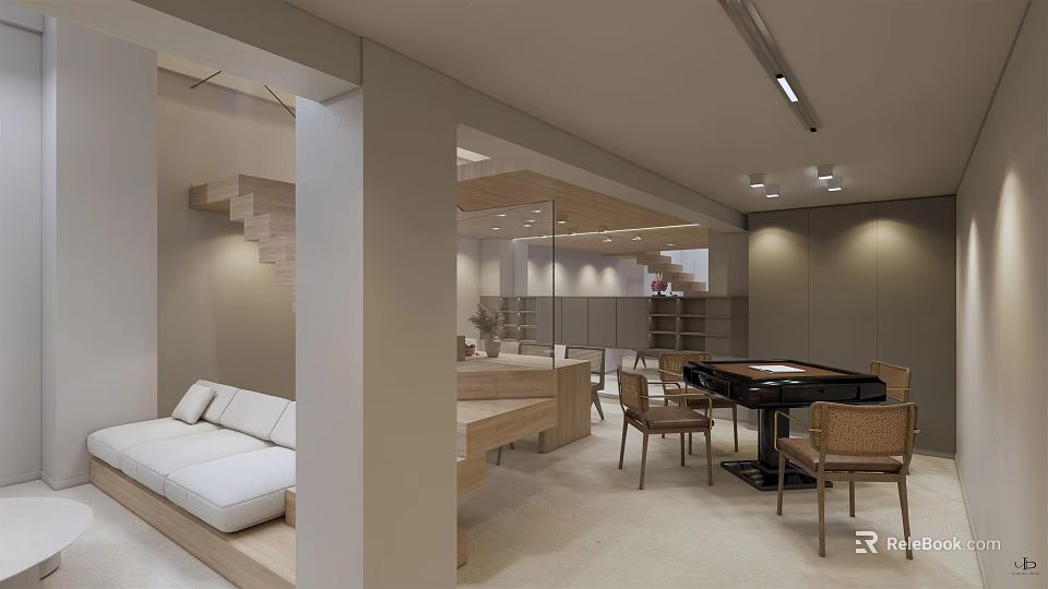 Modern Entertainment Room Interior With Comfortable Sofa Wooden Tables And Soft Lighting 3d model 