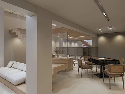 Modern Entertainment Room Interior With Comfortable Sofa Wooden Tables And Soft Lighting 3d model