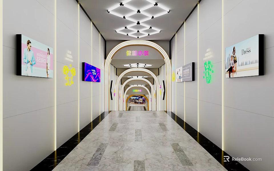 Modern Elevator Corridor With Ceiling Lights Wall Art And Marble Floor 3d model 