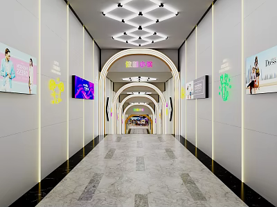 Modern Elevator Corridor With Ceiling Lights Wall Art And Marble Floor 3d model