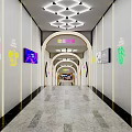 Modern Elevator Corridor With Ceiling Lights Wall Art And Marble Floor