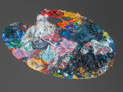 Colorful Artist Palette With Mixed Oil Paints For Art Supplies Tools 3d model